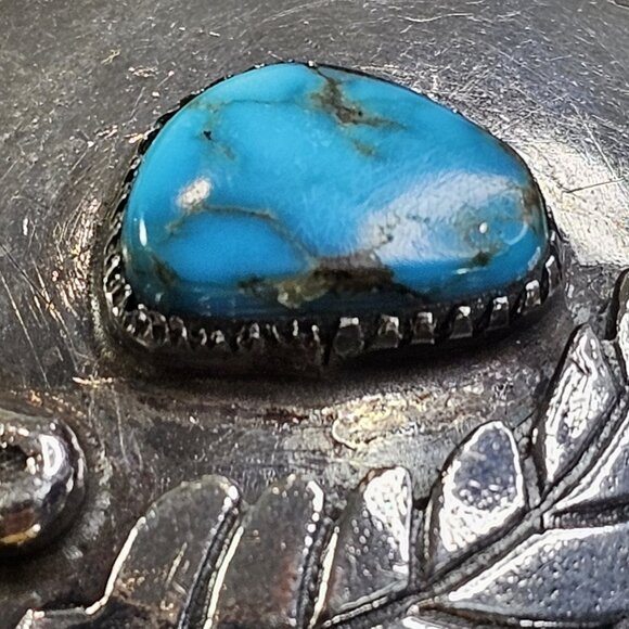 Navajo Turquoise Sterling Silver Bolo Tie With Beaded Leather Native American US - Picture 6 of 15